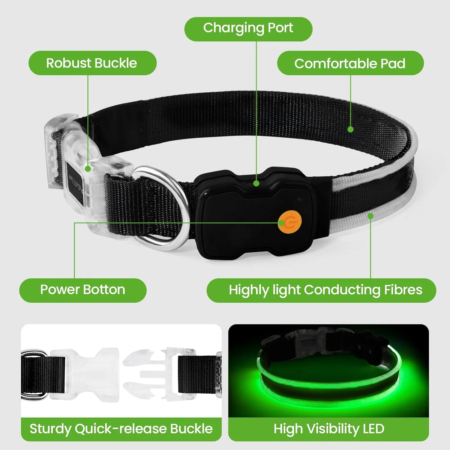 PcEoTllar Light up Dog Collars Rechargeable, LED Dog Collar Night Walking, Waterproof Flashing Glow in The Dark Dog Collars, Adjustable Dog Lights for Large Small Medium Dogs Green-L