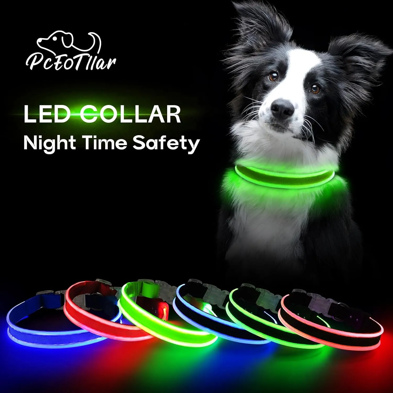 PcEoTllar Light up Dog Collars Rechargeable, LED Dog Collar Night Walking, Waterproof Flashing Glow in The Dark Dog Collars, Adjustable Dog Lights for Large Small Medium Dogs Green-L