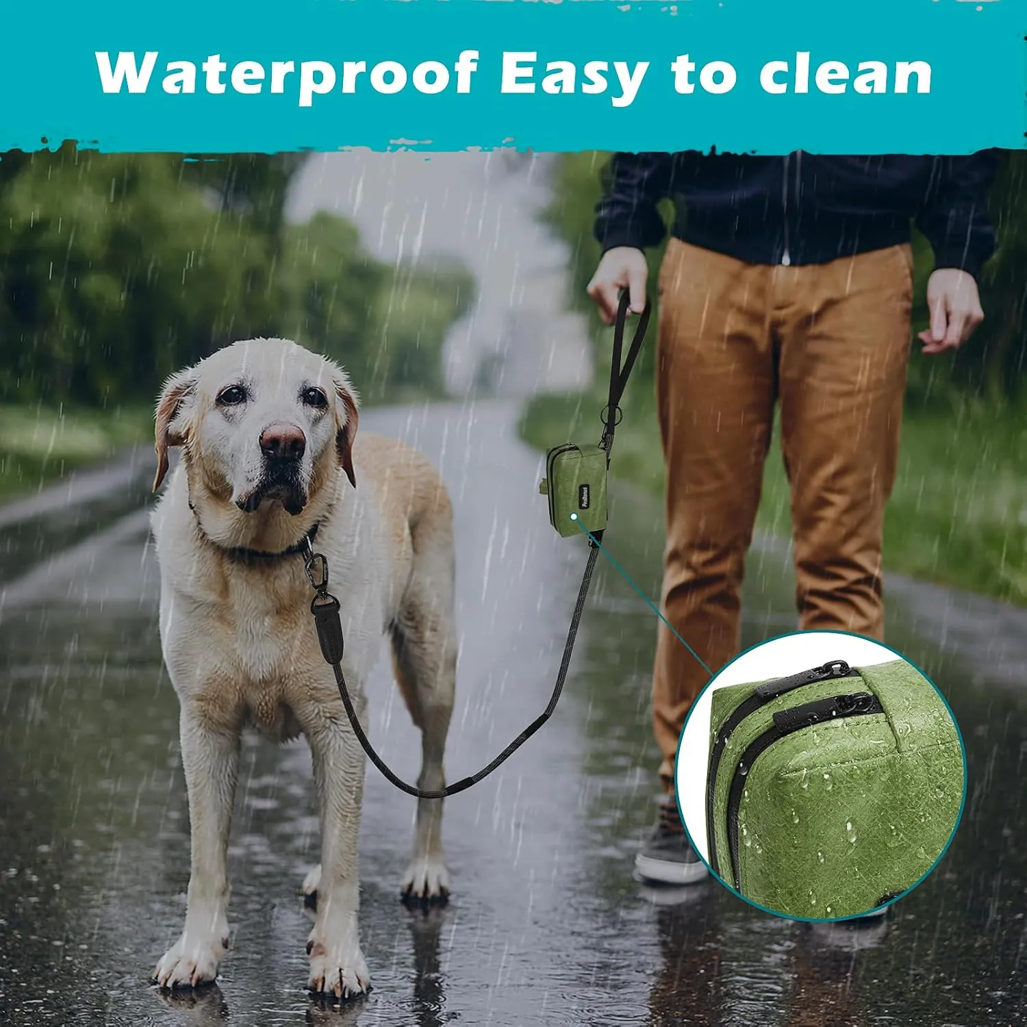 PetBonus Waterproof Dog Poop Bag Holder for leashes, Portable Pet Waste Bag Dispenser, 2 Pouches for Treat Holder and Walking Accessories, Fit All Leashes, Includes 1 Roll of Dog Poop Bags (Green)