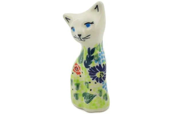 Polish Pottery 4" Cat Figurine Flor-De-Lis UNIKAT
