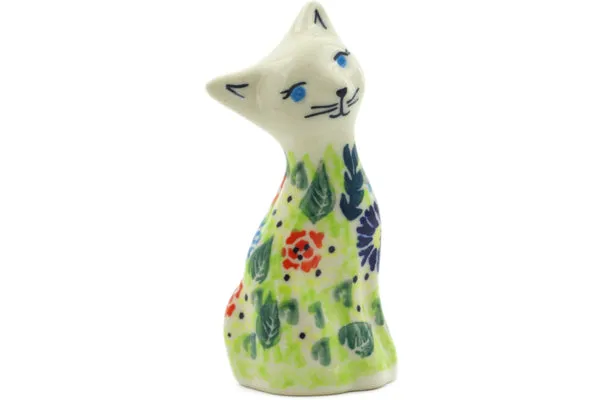 Polish Pottery 4" Cat Figurine Flor-De-Lis UNIKAT