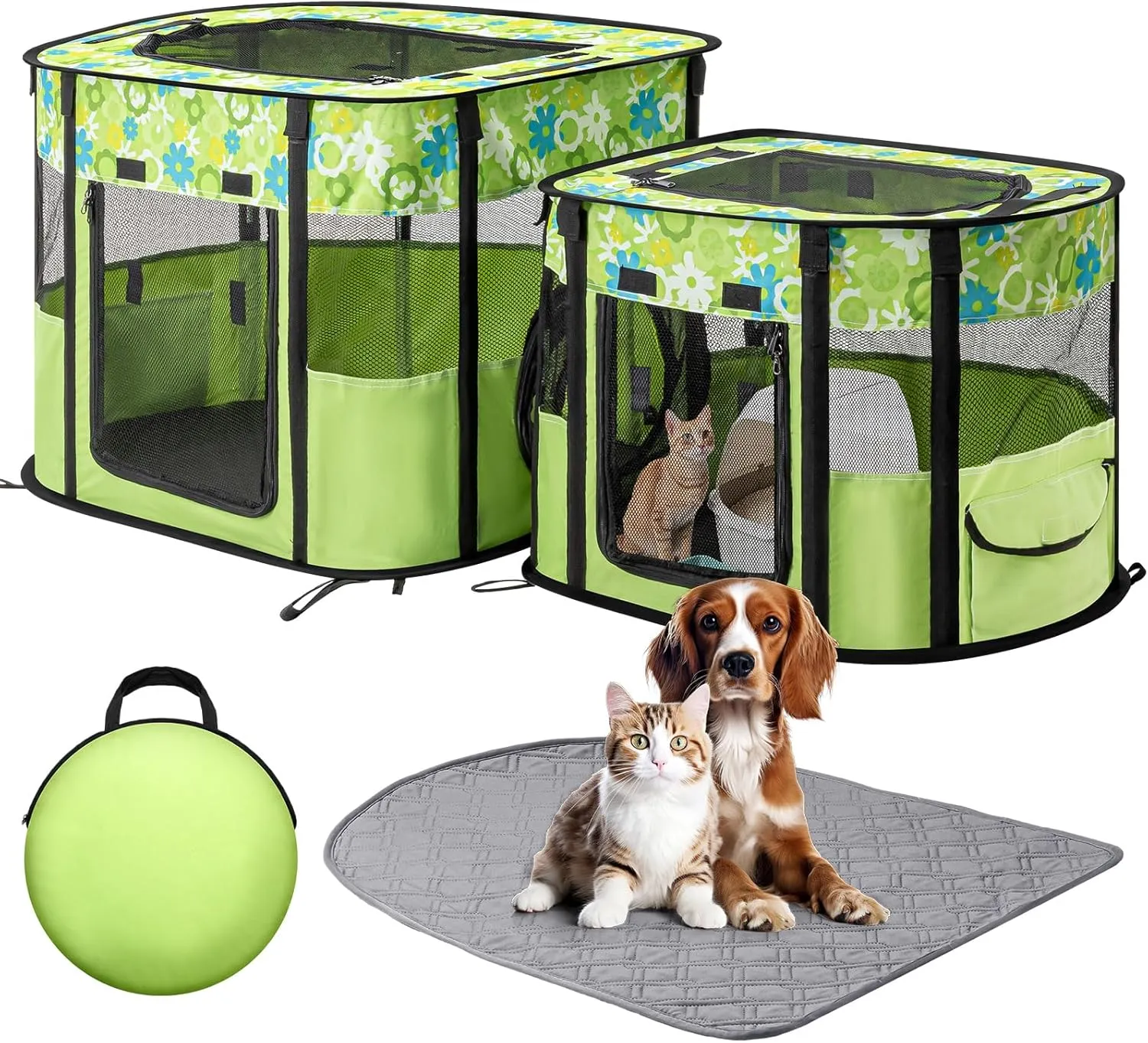 Portable Cat Playpen with Separate Areas, Foldable Indoor/Outdoor Cat Enclosure, Portable Pet Tent for Kittens & Small Animals, Collapsible Tent Kennel Cage House with Tent Pegs & Carry Bag