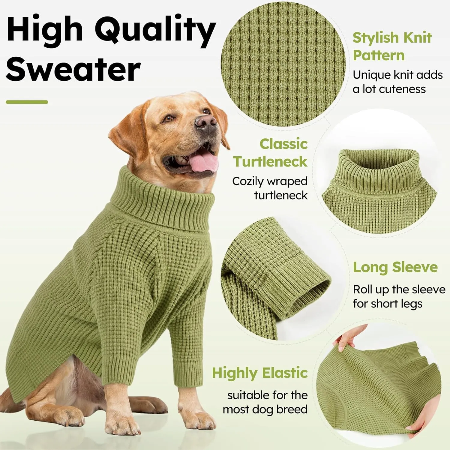 Queenmore Large Dog Sweater, Long Sleeve Dogs Sweater with Check Pattern, Fall Winter Warm Dog Sweaters for Large Breeds, Solid Pull-on Pet Sweaters, Green XL