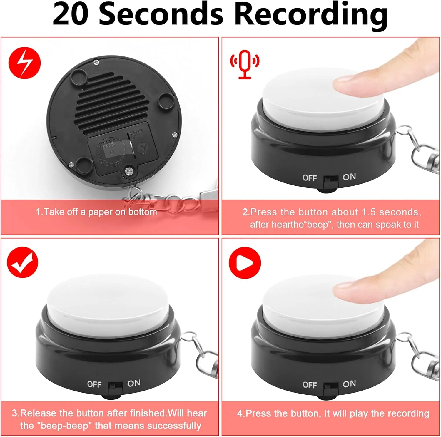 Recordable Talking Button with Keychain, 20s Voice Recording Time Sound Button Answer Buzzers Funny Buttons Record Your Own Words Also Used for Dog Pack of 2 - White and Black (Battery Included)