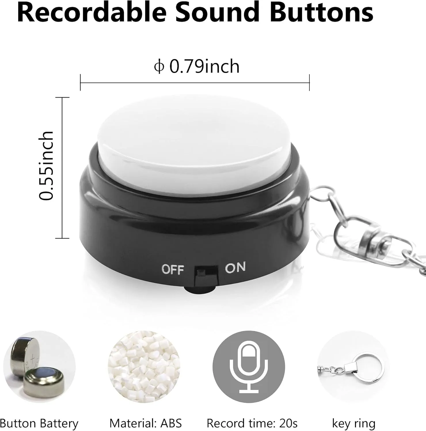 Recordable Talking Button with Keychain, 20s Voice Recording Time Sound Button Answer Buzzers Funny Buttons Record Your Own Words Also Used for Dog Pack of 4 - White and Black (Battery Included)