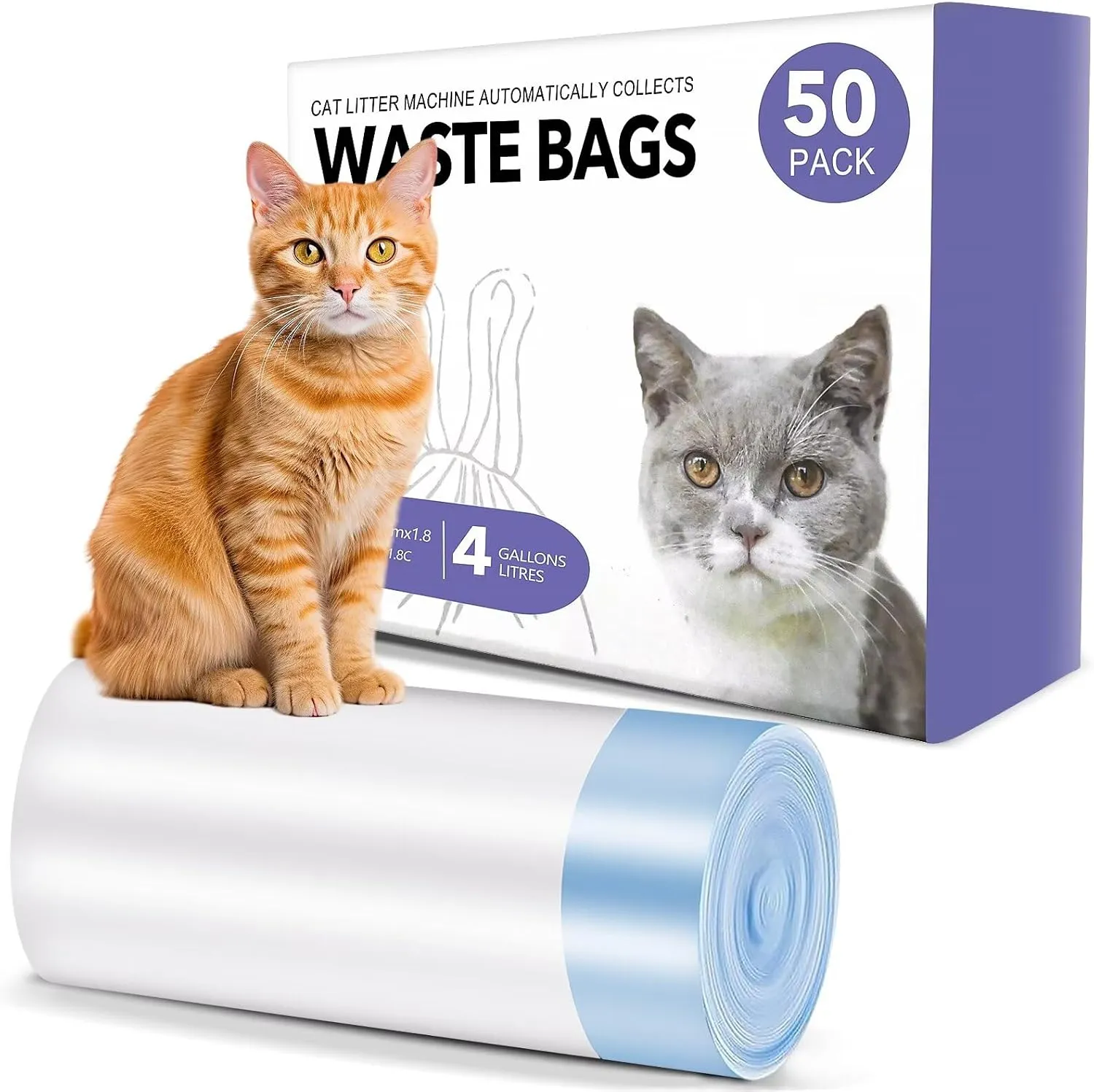 Sousia Cat Litter Box Liners - 50 Count Large Two-Way Drawstring Tear & Leak Resistant Unscented Waste Bag for Automatic Cat Litter box-2315.7"