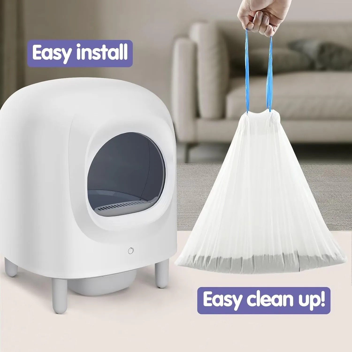 Sousia Cat Litter Box Liners - 50 Count Large Two-Way Drawstring Tear & Leak Resistant Unscented Waste Bag for Automatic Cat Litter box-2315.7"