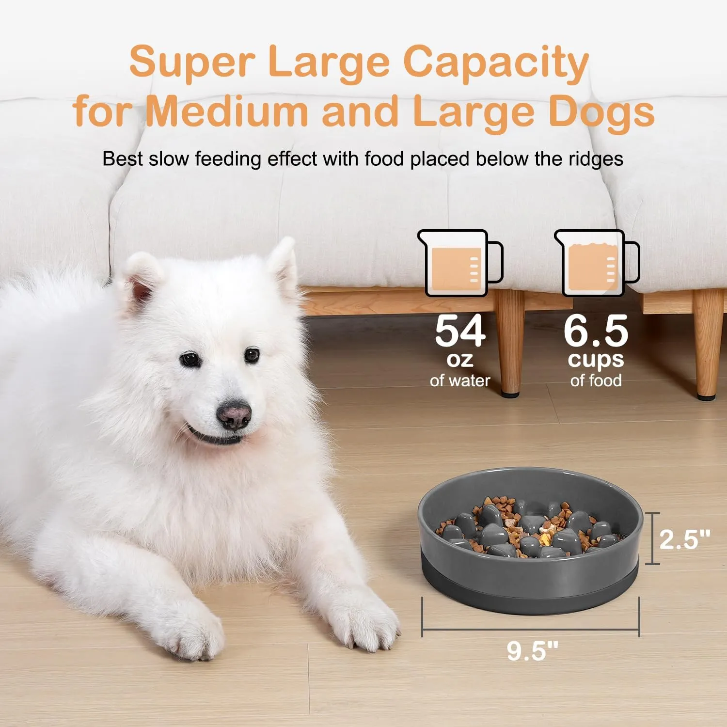 Sted Ceramic Slow Feeder Dog Bowl for Medium Large Breed, Puzzle Dog Food Bowl with Silicone Base, Maze Grey