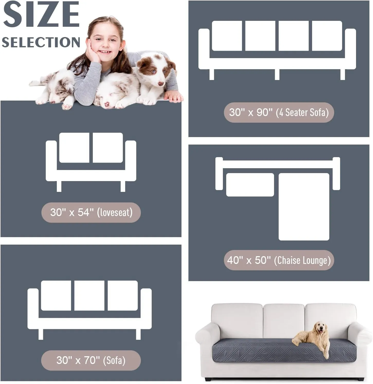 TAOCOCO 100% Waterproof Reversible Couch Cushion Cover for Dogs & Pets - Chaise & Sectional Sofa U Shape Couch Furniture Protector - Dark Grey