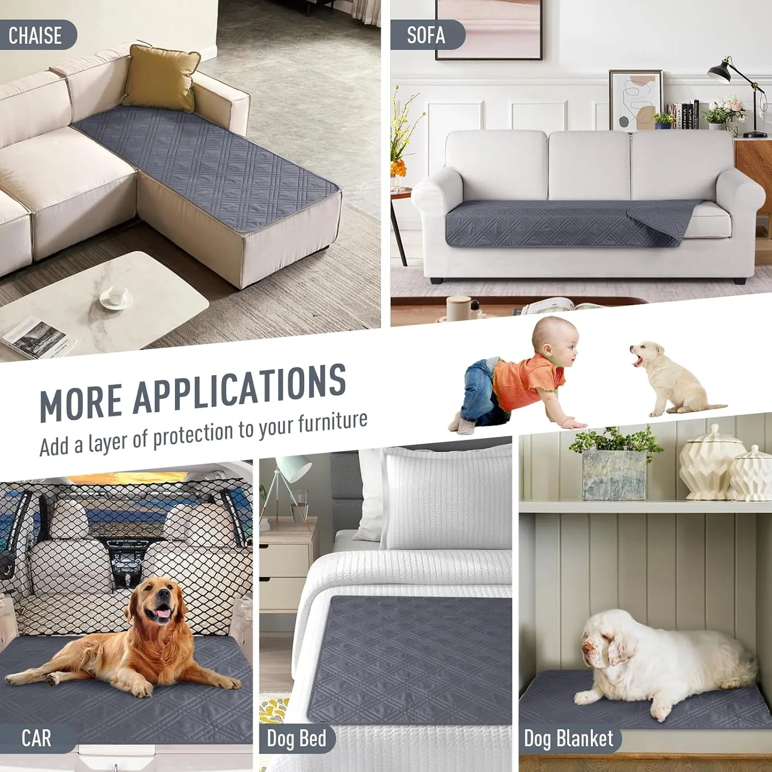 TAOCOCO 100% Waterproof Reversible Couch Cushion Cover for Dogs & Pets - Chaise & Sectional Sofa U Shape Couch Furniture Protector - Dark Grey