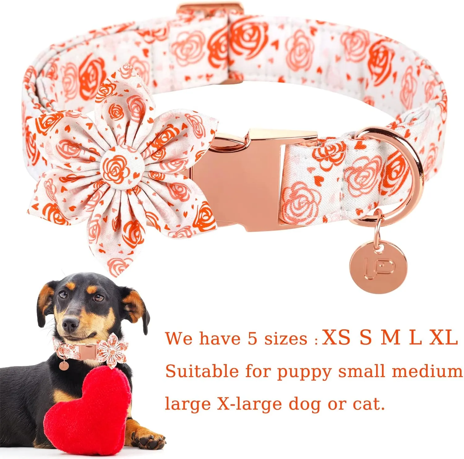 UP URAR PUP Valentine's Dog Collar With Flower for Puppy Girl Dog or Cat, Gift Collar With Metal Buckle, Wedding Dog Collar, White, XS
