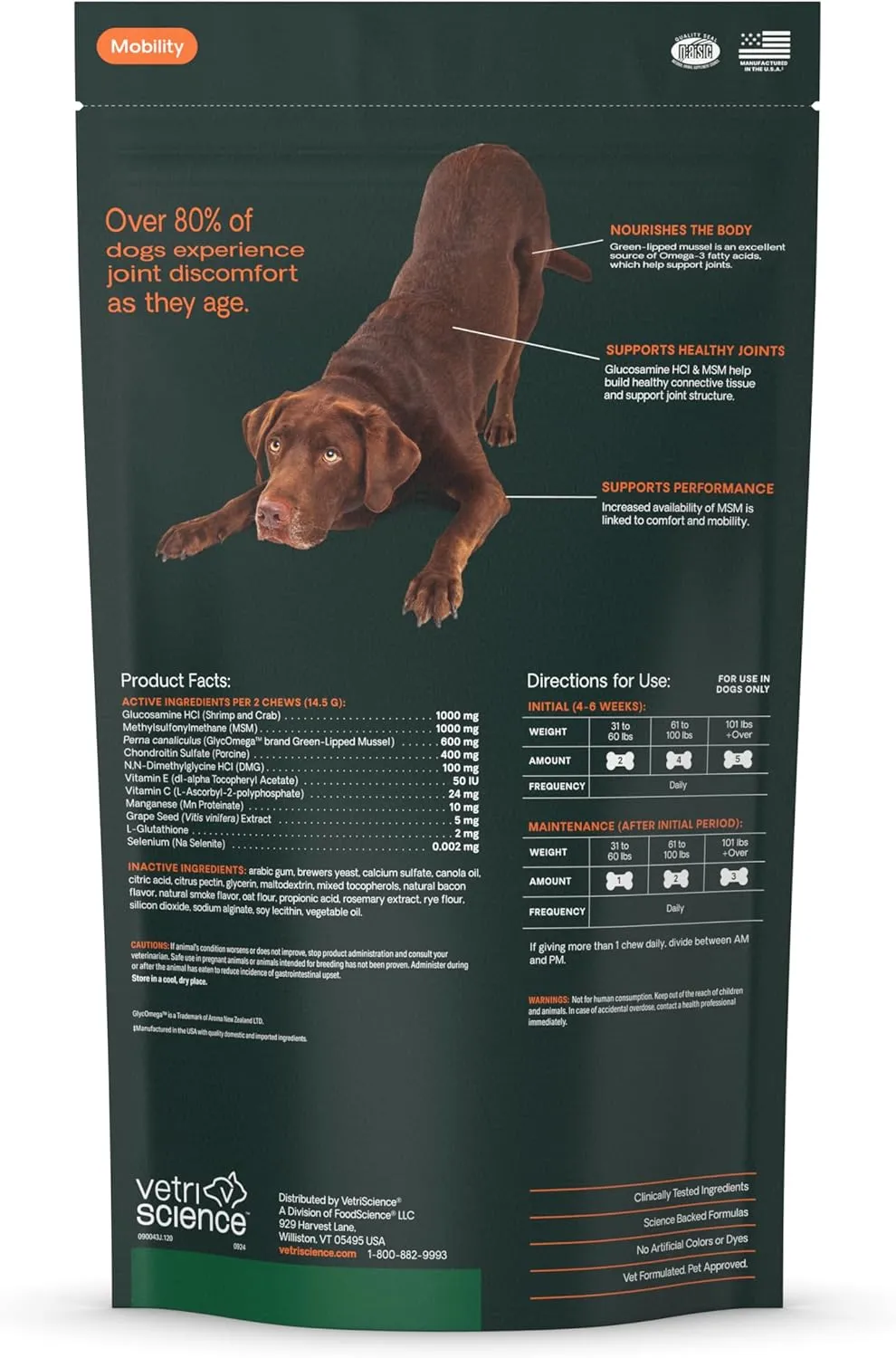 VetriScience Ultimate Strength Healthy Hip & Joint Chews, GlycoFlex Glucosamine, Chondroitin & Green-Lipped Mussel Joint Support Supplement for Dogs, Soothe Joint Discomfort, Peanut Butter, 120 Count