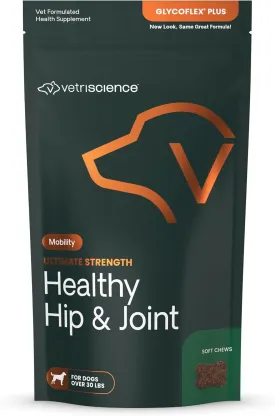 VetriScience Ultimate Strength Healthy Hip & Joint Chews, GlycoFlex Glucosamine, Chondroitin & Green-Lipped Mussel Joint Support Supplement for Dogs, Soothe Joint Discomfort, Peanut Butter, 120 Count