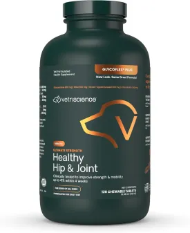 VetriScience Ultimate Strength Healthy Hip & Joint Tablets, GlycoFlex Glucosamine, Chondroitin & Green-Lipped Mussel Joint Support Supplement for Dogs, Soothe Joint Discomfort, 120 Chewable Tablets
