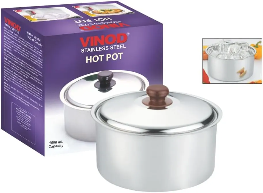 Vinod Stainless Steel Hot Pot, Insulated Serving Bowl for Hot & Cold Foods, Long Lasting Temperature Retention, Stylish & Durable, Ideal for Home and Travel, 1000ml, Pack of 1, Silver, VS_HP_1000ML