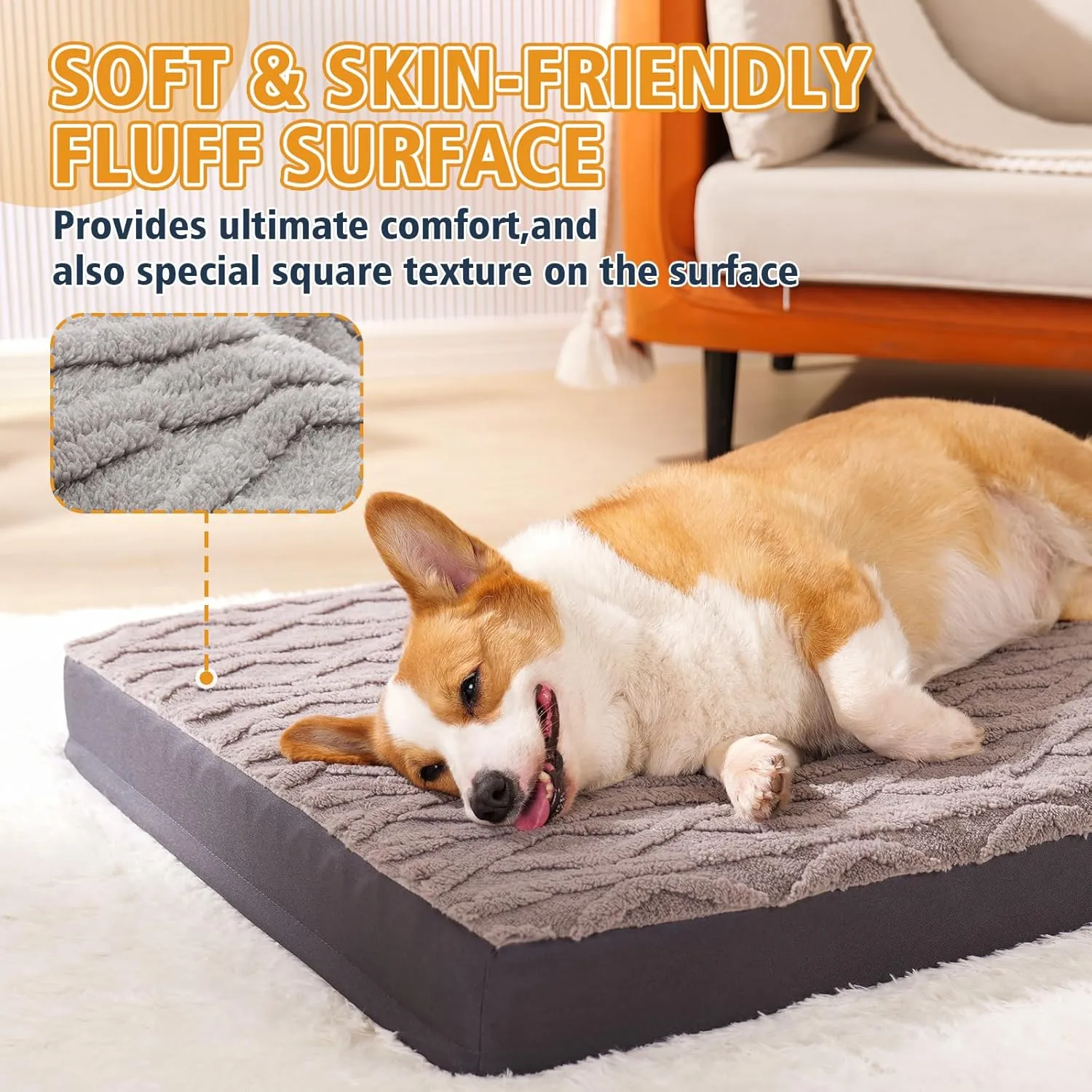 Waterproof Dog Crate Bed - Soft Fluffy Memory Foam Dog Bed with Anti-Slip Bottom, Machine Washable Squishmallow Pet Bed for Large Dogs, 36"x27"x3.5", Grey
