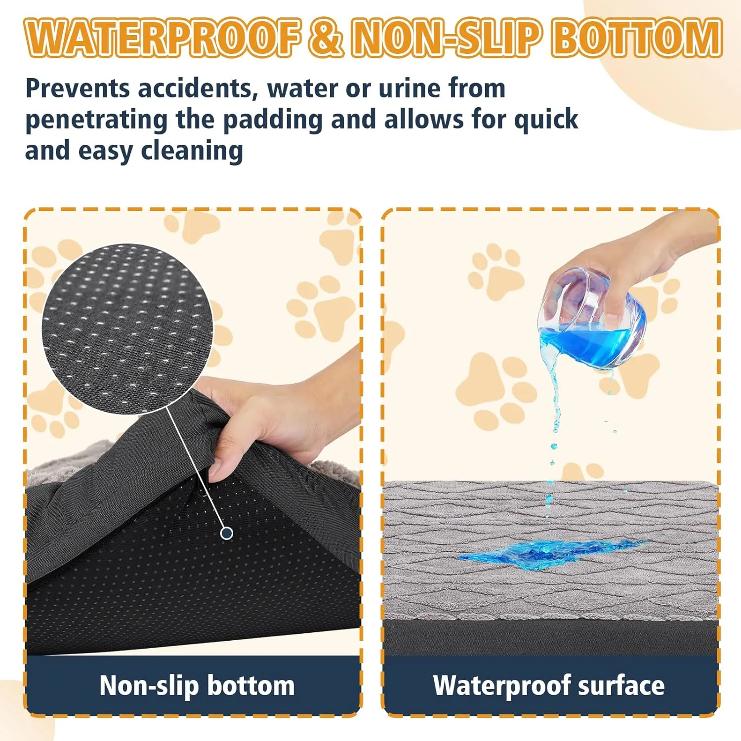 Waterproof Dog Crate Bed - Soft Fluffy Memory Foam Dog Bed with Anti-Slip Bottom, Machine Washable Squishmallow Pet Bed for Large Dogs, 36"x27"x3.5", Grey
