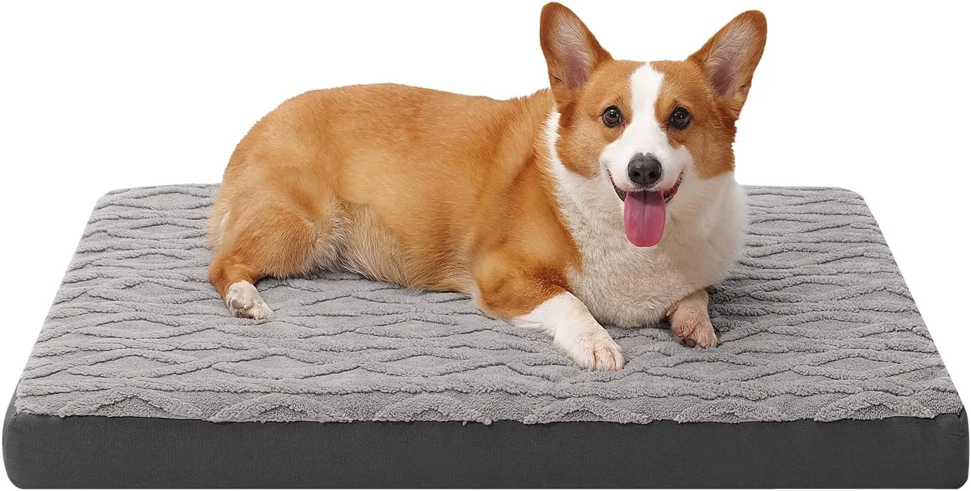 Waterproof Dog Crate Bed - Soft Fluffy Memory Foam Dog Bed with Anti-Slip Bottom, Machine Washable Squishmallow Pet Bed for Large Dogs, 36"x27"x3.5", Grey
