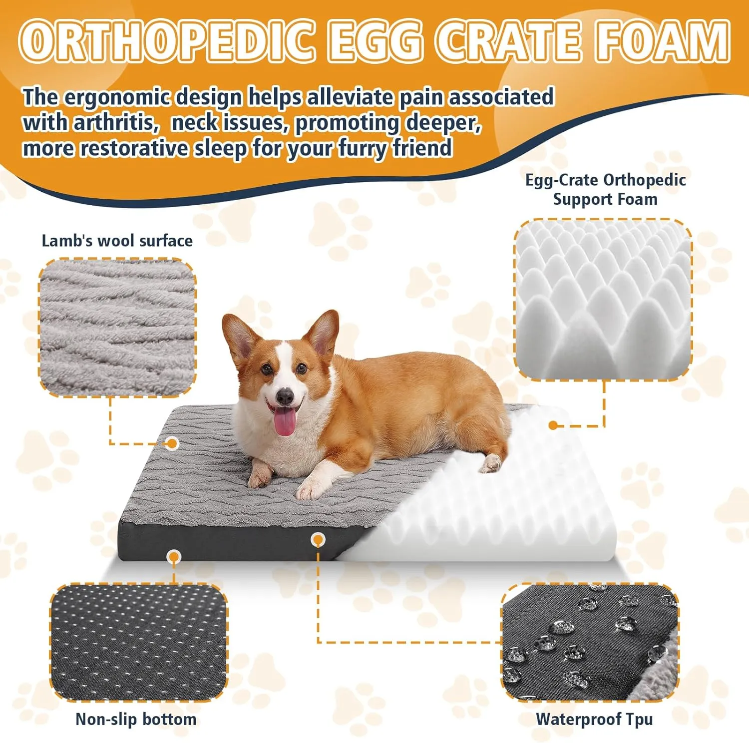 Waterproof Dog Crate Bed - Soft Fluffy Memory Foam Dog Bed with Anti-Slip Bottom, Machine Washable Squishmallow Pet Bed for Large Dogs, 36"x27"x3.5", Grey