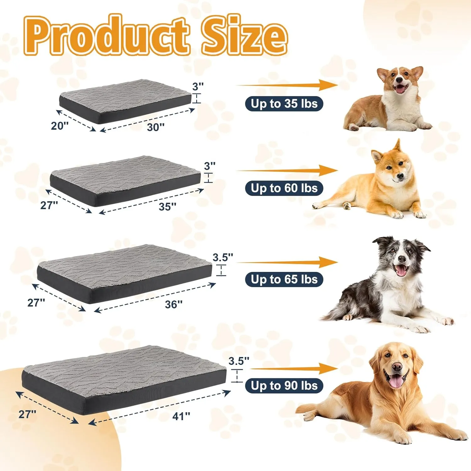 Waterproof Dog Crate Bed - Soft Fluffy Memory Foam Dog Bed with Anti-Slip Bottom, Machine Washable Squishmallow Pet Bed for Large Dogs, 36"x27"x3.5", Grey