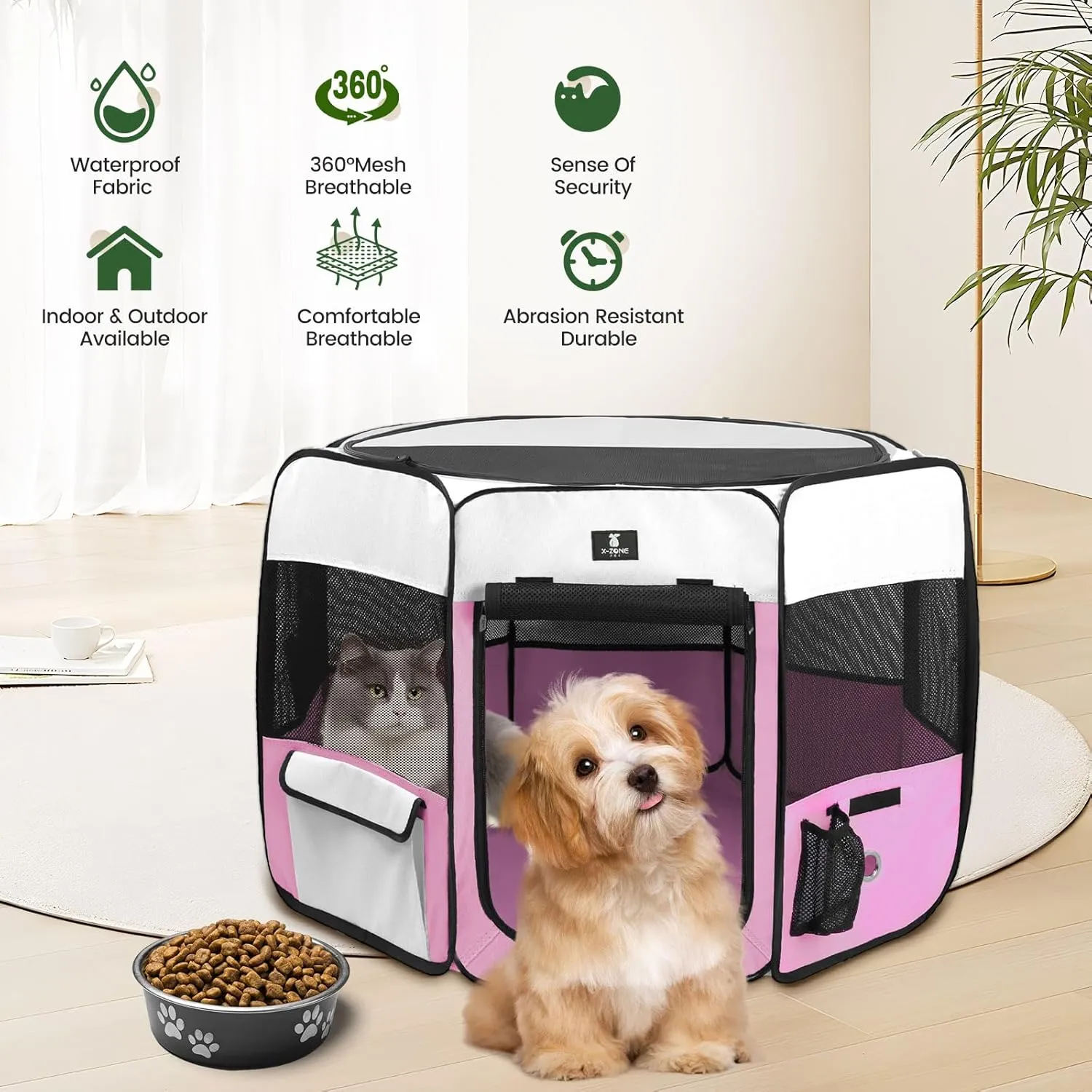 X-ZONE PET Dog Playpen Portable Pet Play Pens for Puppies, Cat, Rabbit, Chicks, Foldable Exercise Play Tent Kennel Crate, Indoor/Outdoor Travel Camping Pink Small