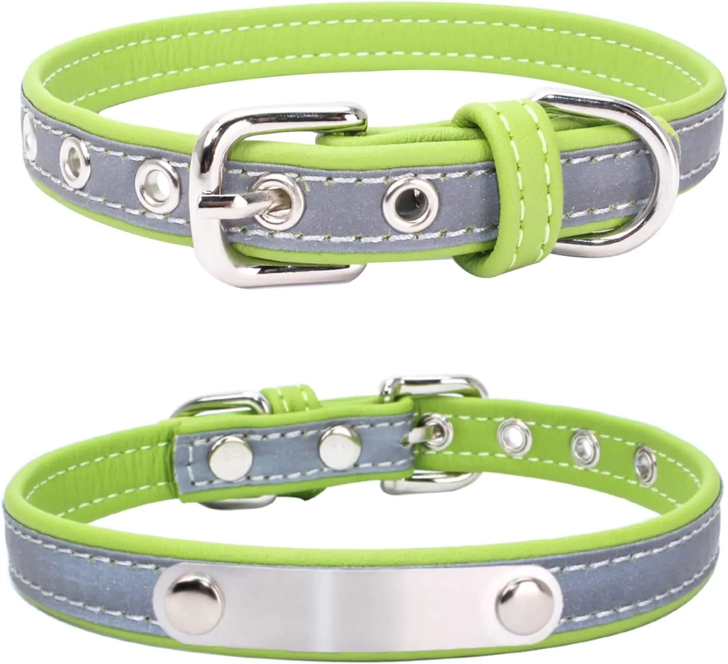 Yonsbox Custom Personalized Reflective Cat Dog Collar with Name Plate Engraved Cute Green Puppy Kitten Dog Cat Collars for Male Female Boy Girl Small Medium Large Cats Dogs
